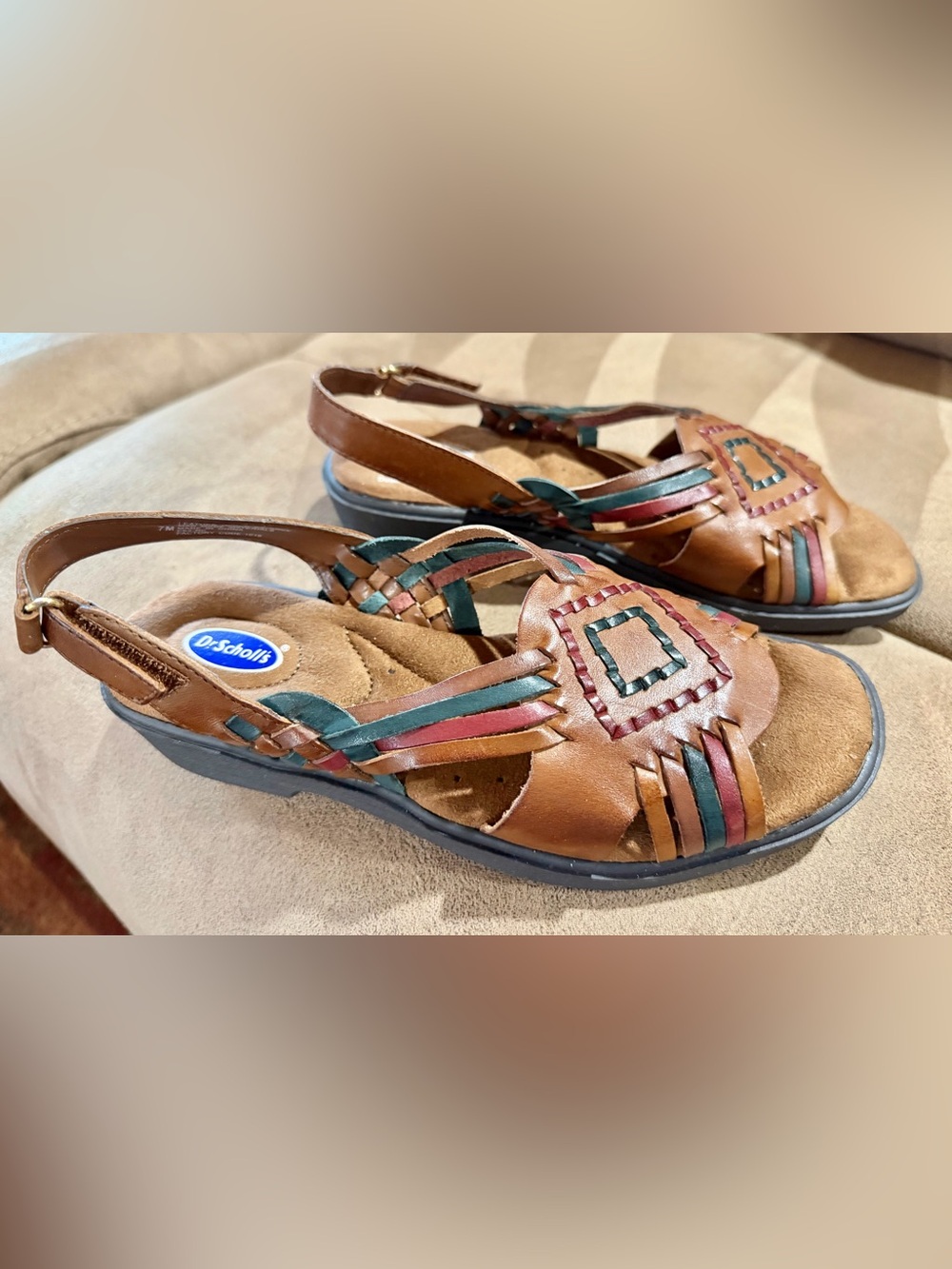 Dr. Scholl's Brown Leather Slingback Sandals with Green & Red Straps